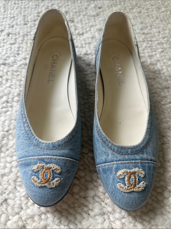 CHANEL Shoes - CHANEL Light Blue Denim Embroidered CC Ballet Flats
